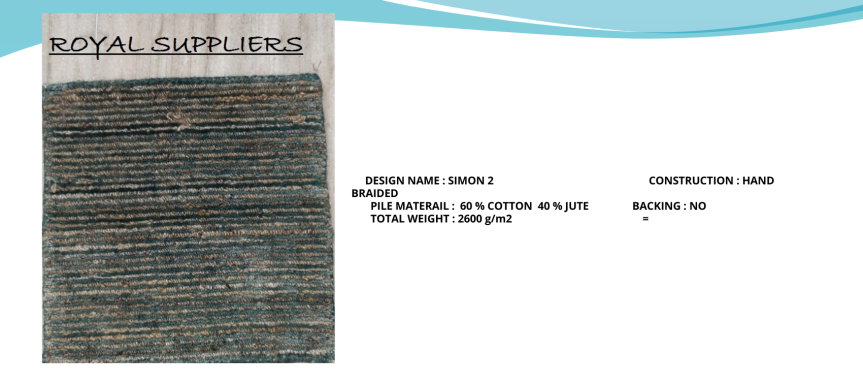 Textured fabric sample in shades of blue and gray with a label detailing its origin and construction.